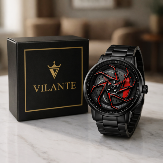 VILANTE Cavrel Edition Red Blade Spin Watch - front view of rotating red and black blade dial