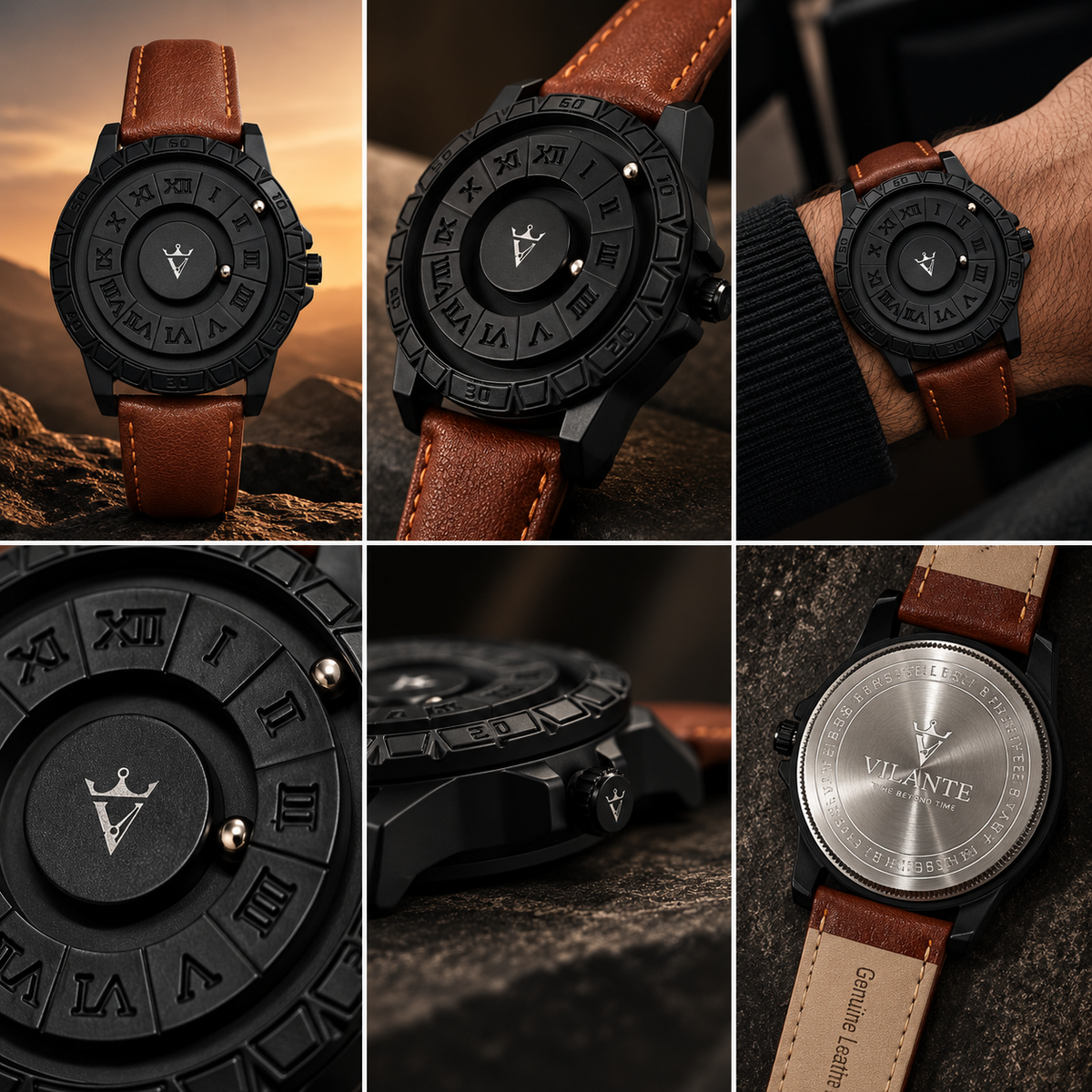 VILANTE Orbis Collection – Magnetic Ball Edition (Roman Dial) – Brown Leather